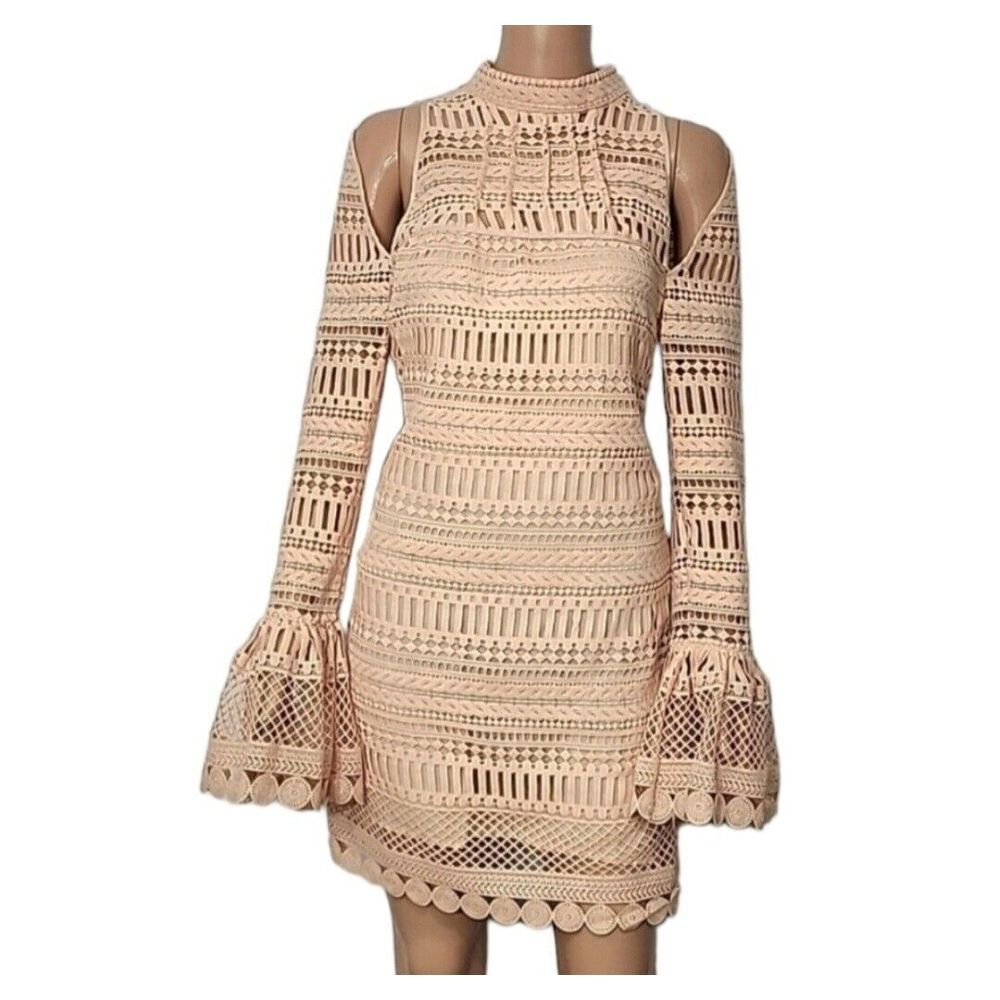 Ministry of Style Off-the-Shoulder Lace Peach  Shift Dress Belt long sleeve Sz 6